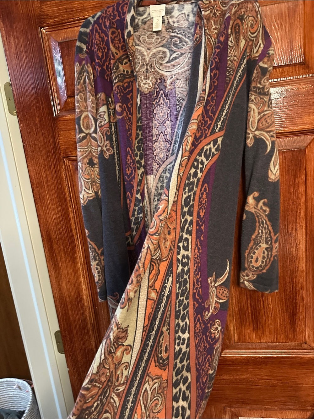 Chico's Paisley Open-Front Cardigan in Purple, Orange, Black